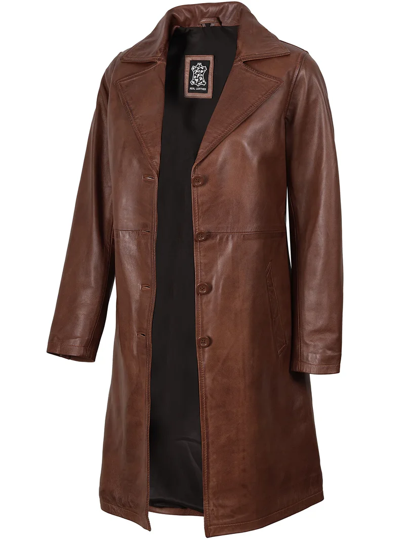 Women's Cognac Brown 3/4 Length Real Leather Coat