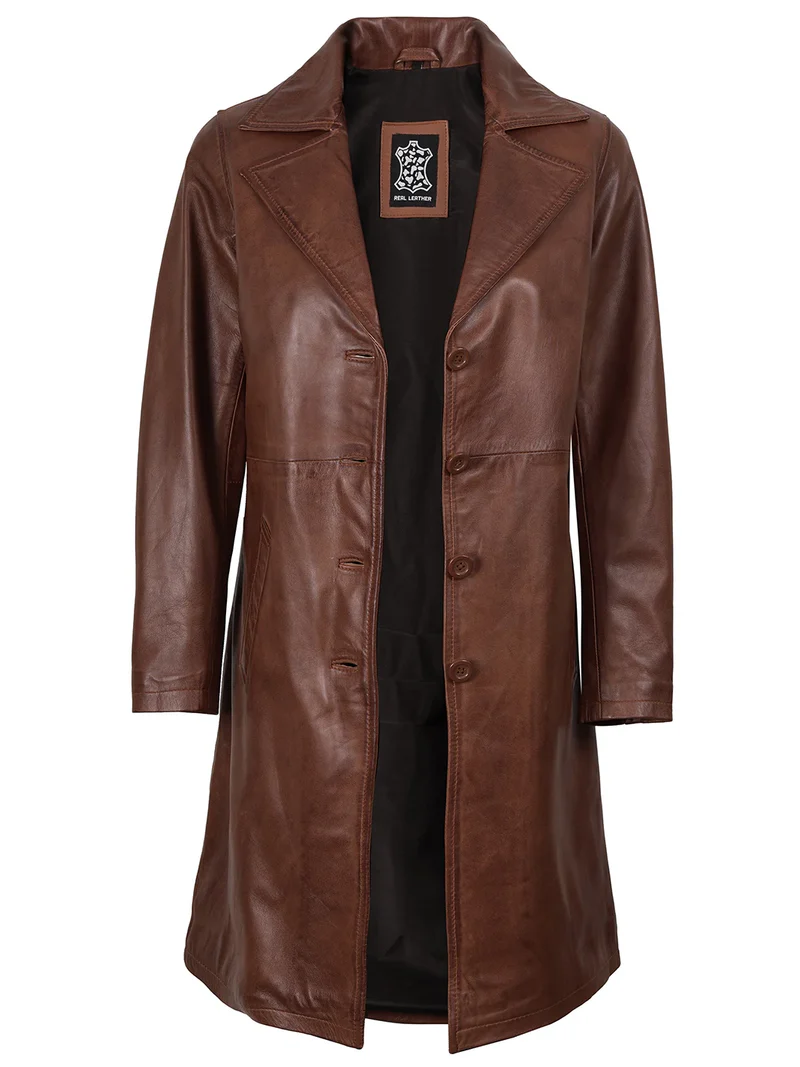 Women's Cognac Brown 3/4 Length Real Leather Coat