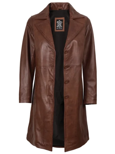 Women's Cognac Brown 3/4 Length Real Leather Coat
