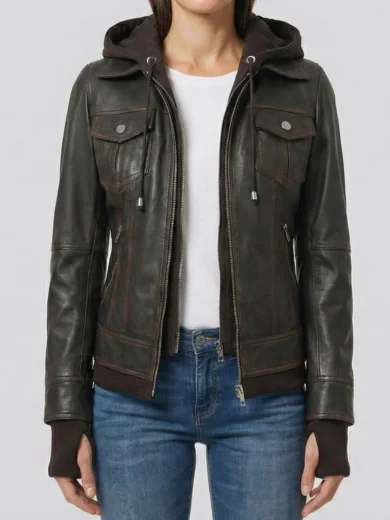 Women Dark Brown Bomber Leather Jacket | Removable Hood