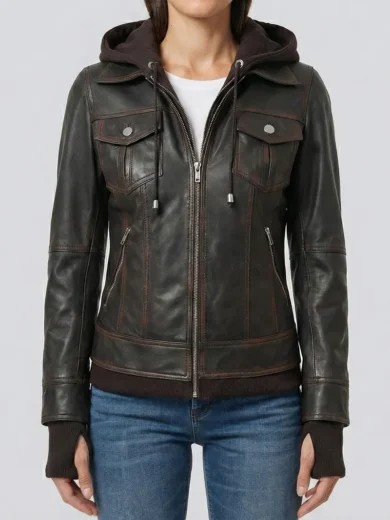 Women Dark Brown Bomber Leather Jacket | Removable Hood