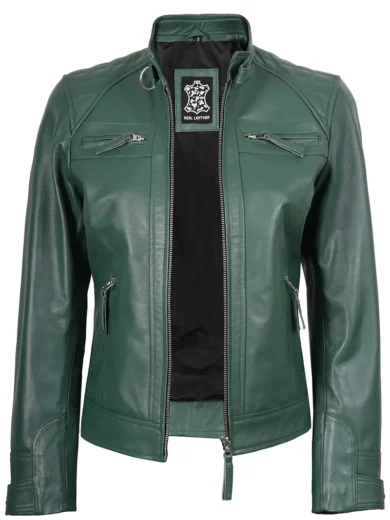 Women Green Diamond Cafe Racer Real Leather Jacket