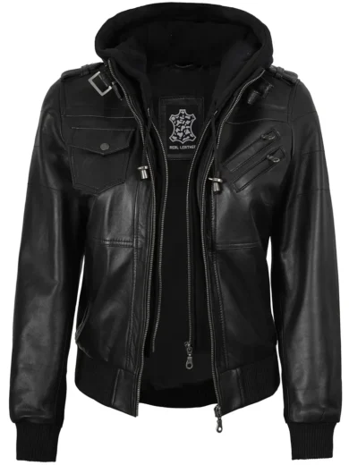 Women's Black Bomber Real Leather Jacket with Removable Hood