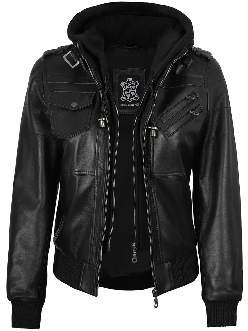 Women's Black Bomber Real Leather Jacket with Removable Hood