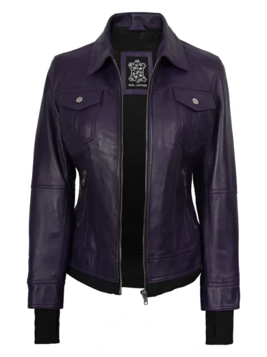 Women's Purple Leather Jacket with Removable Hood