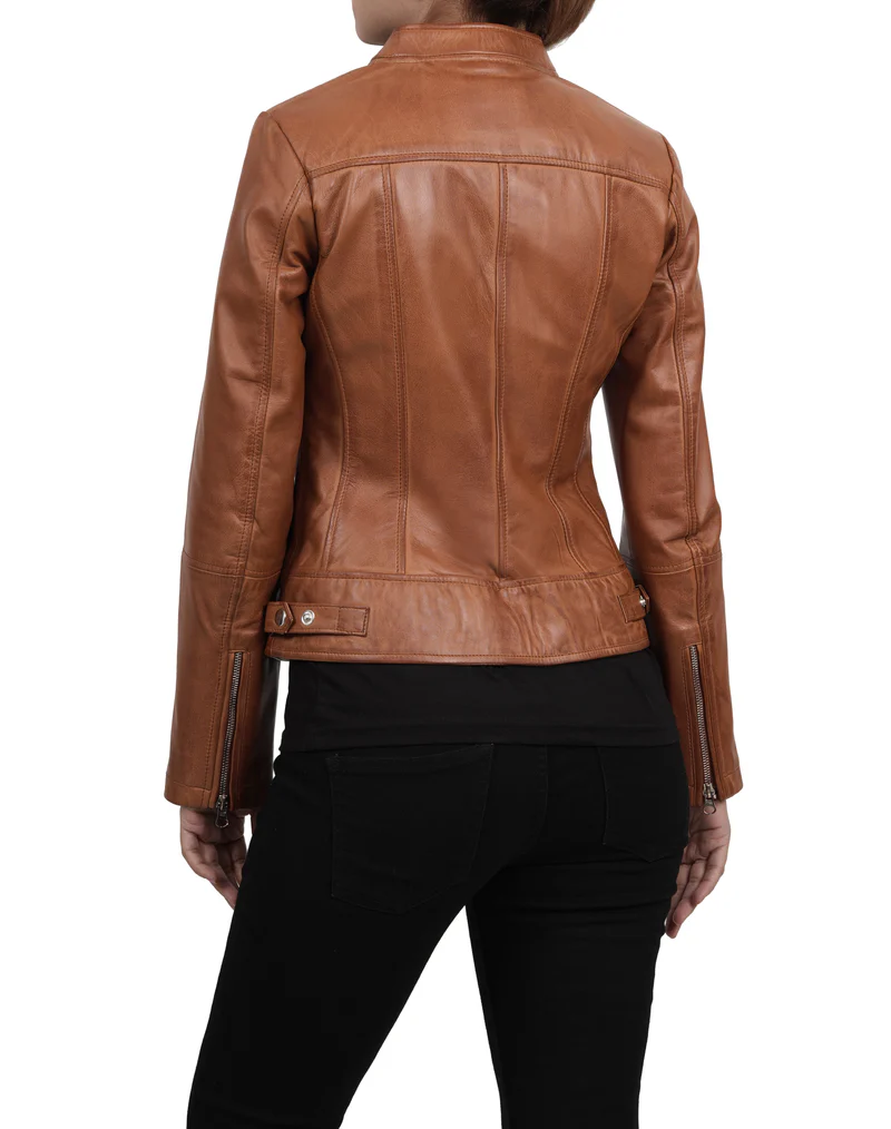 Amy Womens Cafe Racer Tan Brown Real Leather Jacket