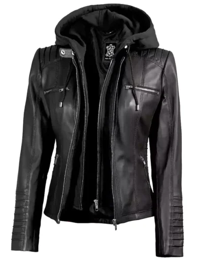Women's Black Leather Jacket With Removable Hood
