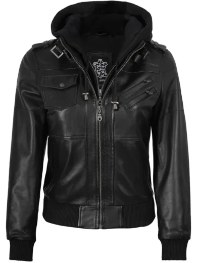 Women's Black Bomber Real Leather Jacket with Removable Hood