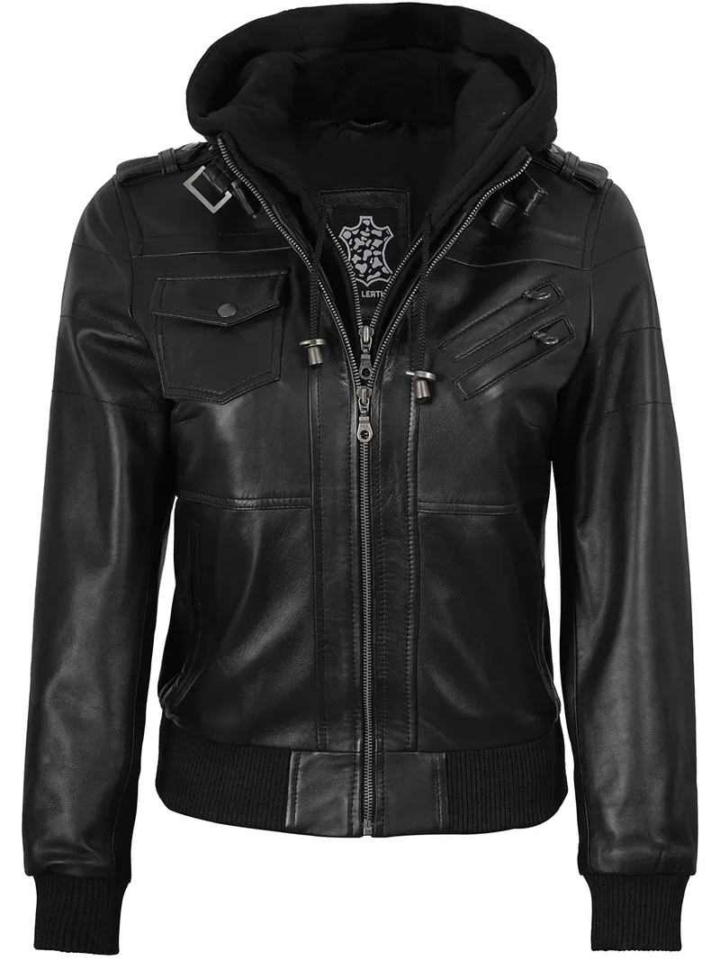 Women's Black Bomber Real Leather Jacket with Removable Hood