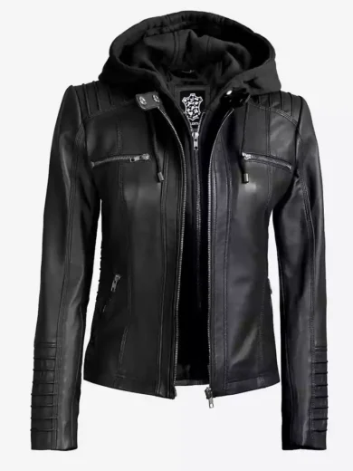 Women's Black Leather Jacket With Removable Hood