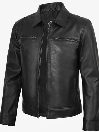 Men's Black Real Leather Jacket — Harrington Style