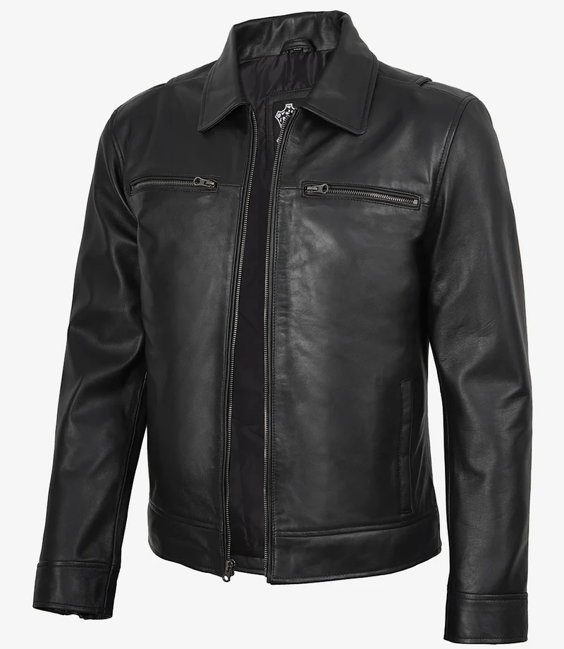 Men's Black Real Leather Jacket — Harrington Style