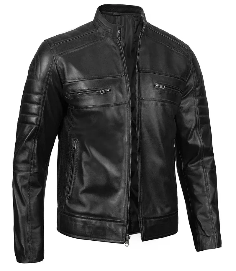 Austin Mens Cafe Racer Style Black Leather Jacket