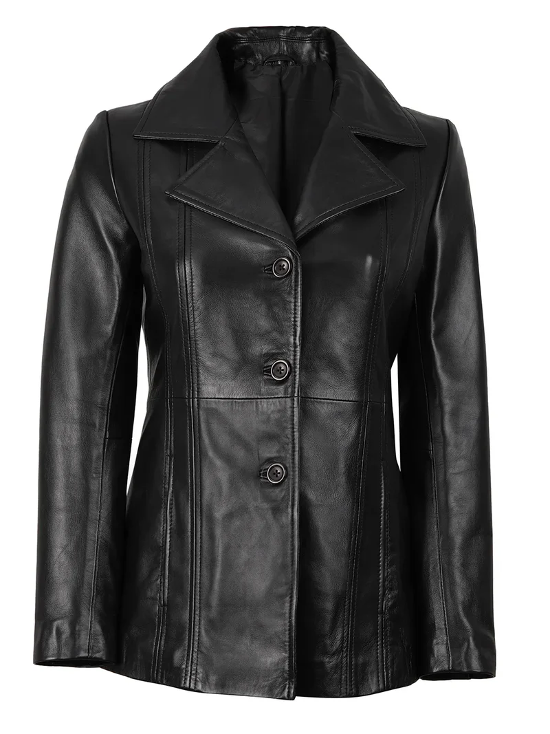 Womens Black Leather Blazer with Three Button
