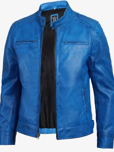 Real Leather Men's Cafe Racer Style Blue Jacket