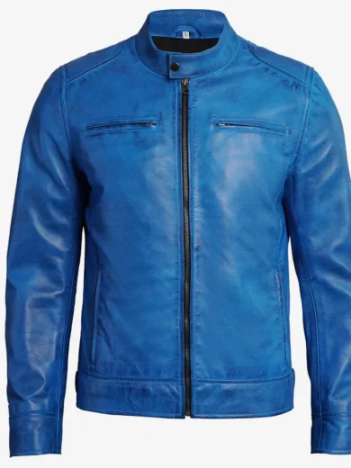 Real Leather Men's Cafe Racer Style Blue Jacket