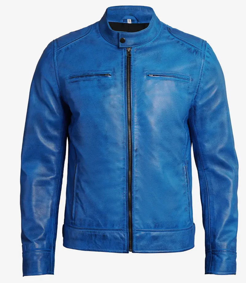 Real Leather Men's Cafe Racer Style Blue Jacket