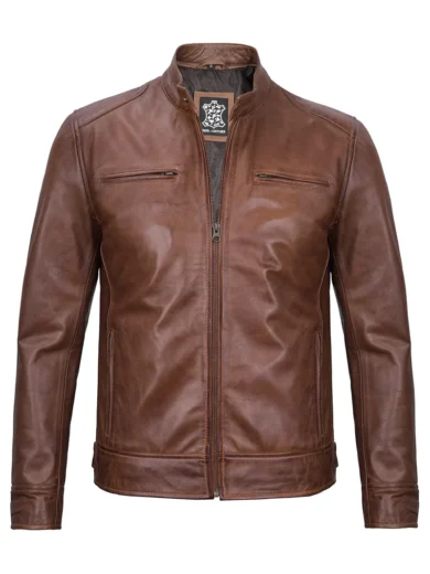 Real Leather Men's Cognac Cafe Racer Jacket