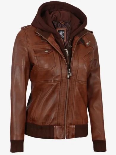 Women's Cognac Brown Leather Jacket with Removeable Hood