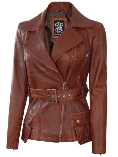 Cognac Wax Women Leather Biker Jacket