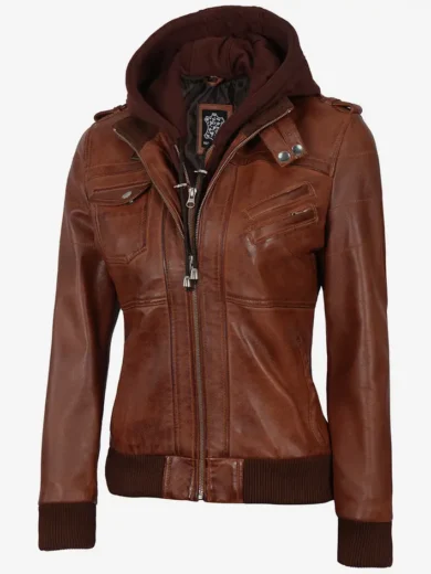 Women's Cognac Brown Leather Jacket with Removeable Hood