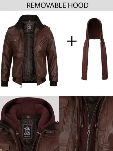Edinburgh Men's Dark Brown Leather Bomber Jacket With Removable Hood