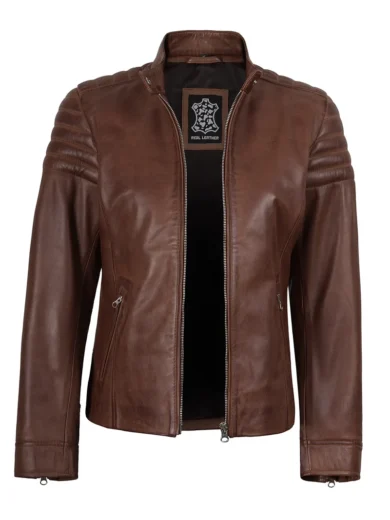 Womens Cognac Brown Cafe Racer Style Leather Jacket - Padded Shoulders