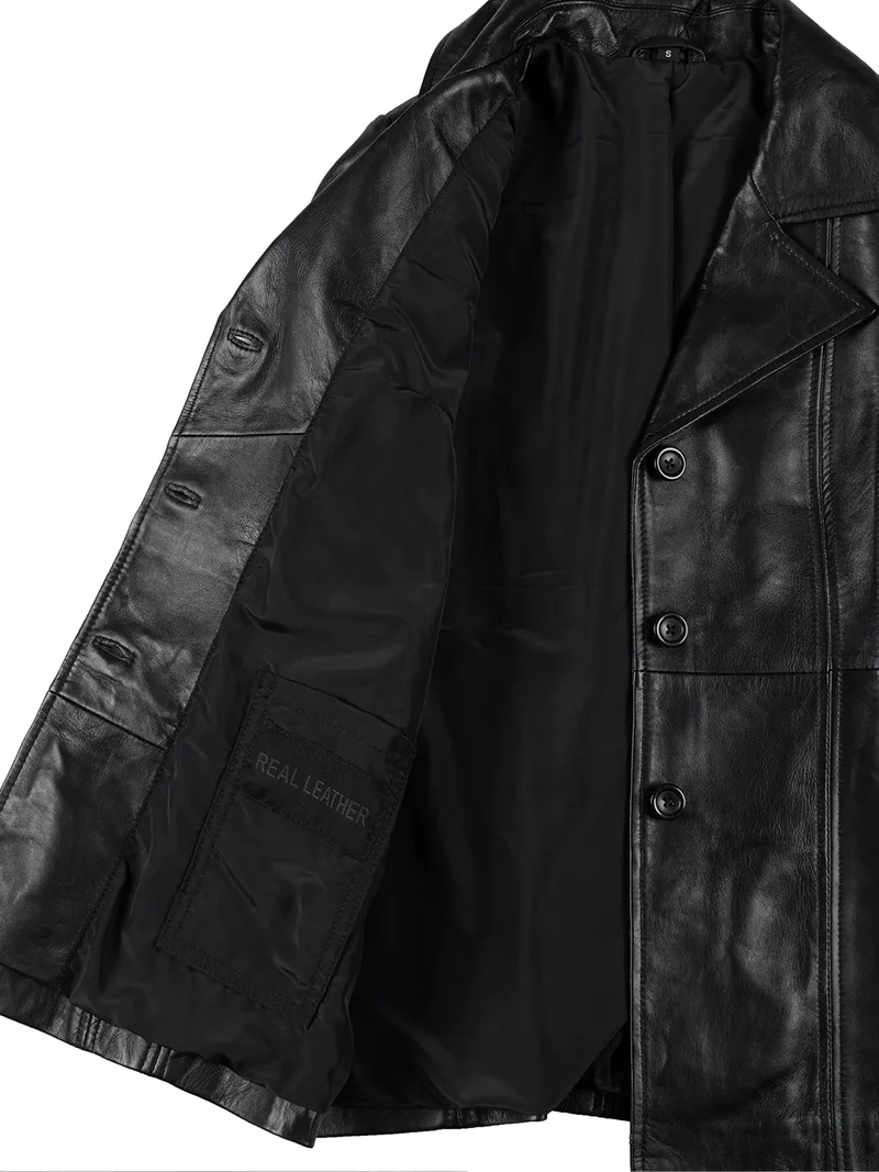Womens Black Leather Blazer with Three Button