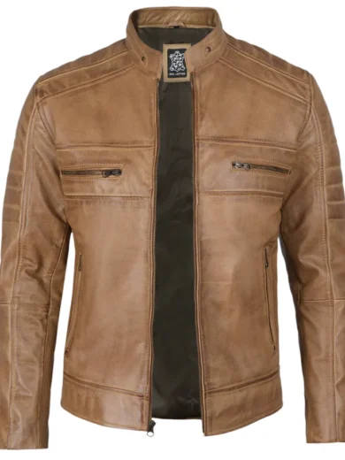 Austin Mens Distressed Tan Brown Cafe Racer Real Leather Jacket