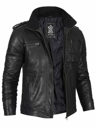 Mens Black Waxed Cafe Racer Style Leather Jacket