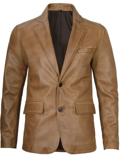 Men’s Camel Brown Two Button Real Leather Blazer