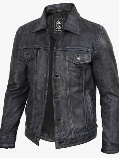 Men’s Black Distressed Real Leather Trucker Jacket
