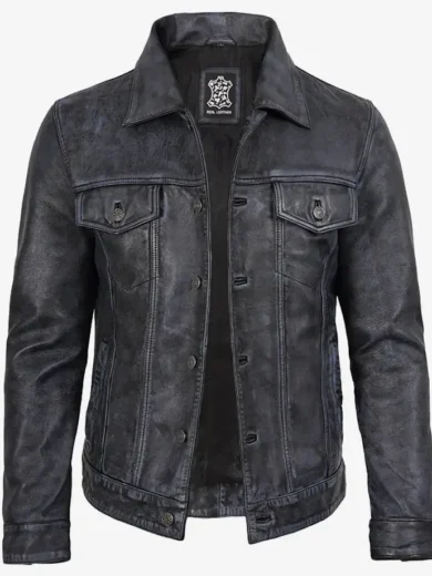 Men’s Black Distressed Real Leather Trucker Jacket