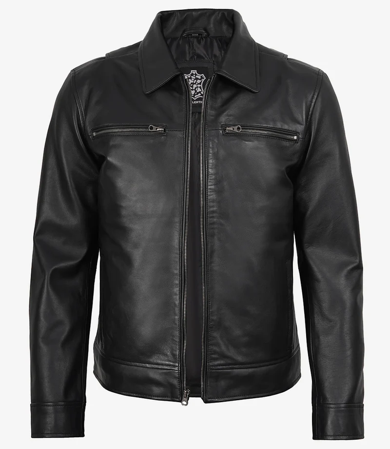 Men's Black Real Leather Jacket — Harrington Style