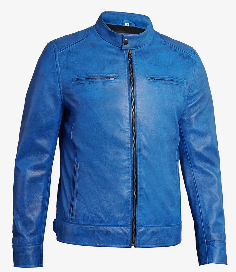 Real Leather Men's Cafe Racer Style Blue Jacket