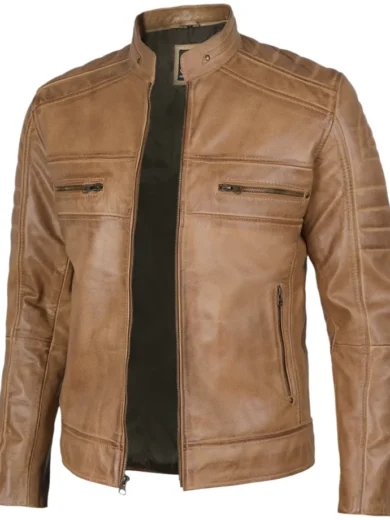 Austin Mens Distressed Tan Brown Cafe Racer Real Leather Jacket