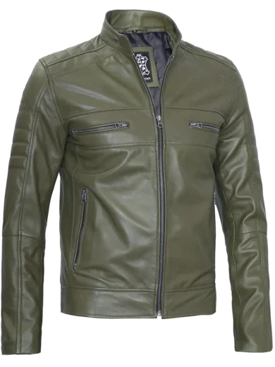 Men Cafe Racer Dark Green Real Leather Jacket