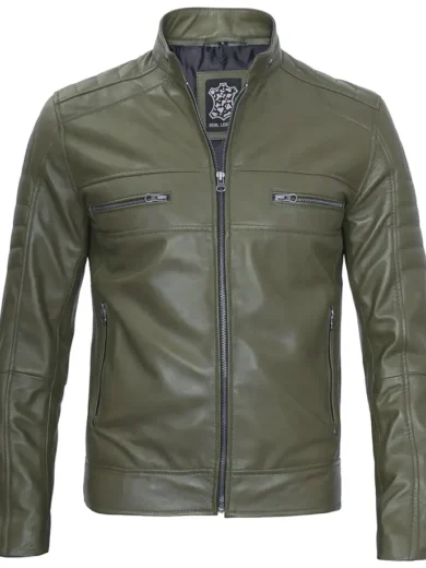 Men Cafe Racer Dark Green Real Leather Jacket
