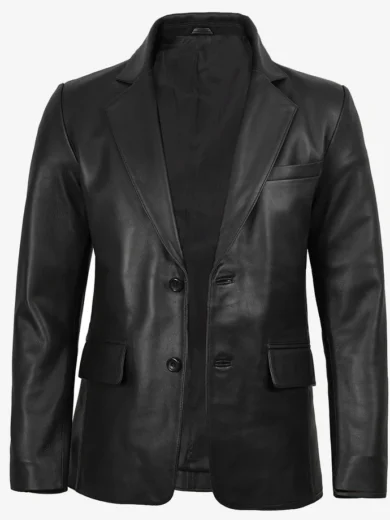 Real Leather Men's Notch Lapel Two Button Black Blazer Jacket