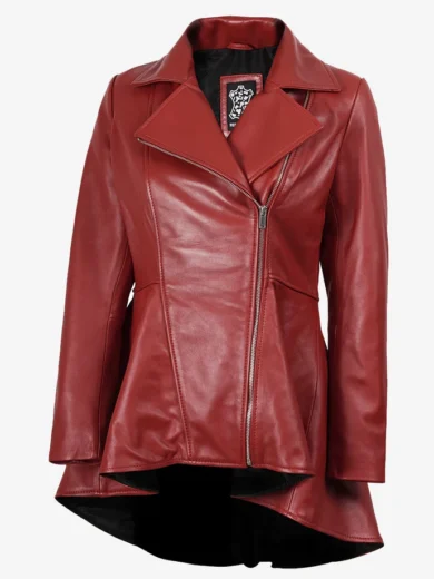 Clarissa Womens Red Asymmetrical Peplum Leather Jacket