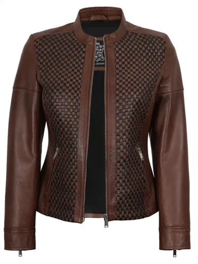 Women Brown Textured Cafe Racer Leather Jacket