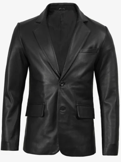 Real Leather Men's Notch Lapel Two Button Black Blazer Jacket