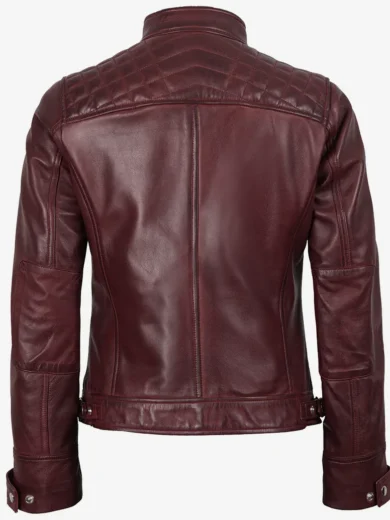 Johnson Women's Burgundy Quilted Cafe Racer Leather Jacket