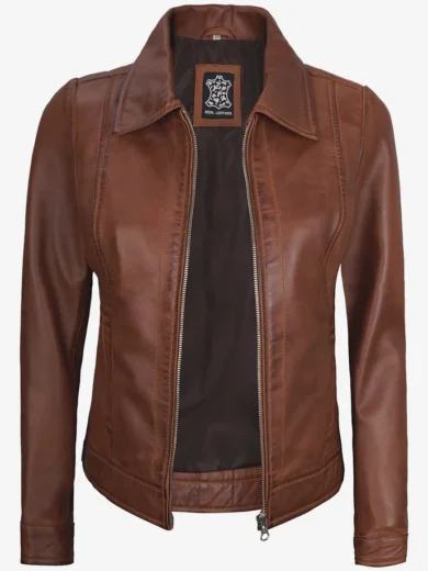 Women's Harrington Leather Jacket Cognac Brown Wax