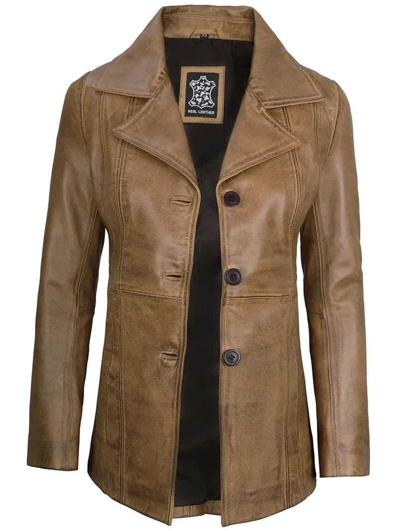 Camel Three Button Lambskin Leather Jacket Womens