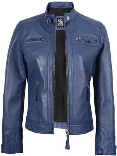 Women Blue Diamond Cafe Racer Real Leather Jacket