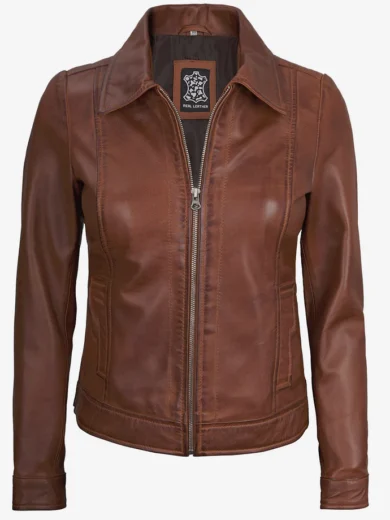 Women's Harrington Leather Jacket Cognac Brown Wax