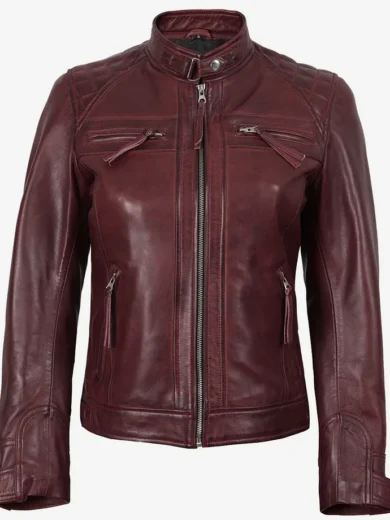 Johnson Women's Burgundy Quilted Cafe Racer Leather Jacket
