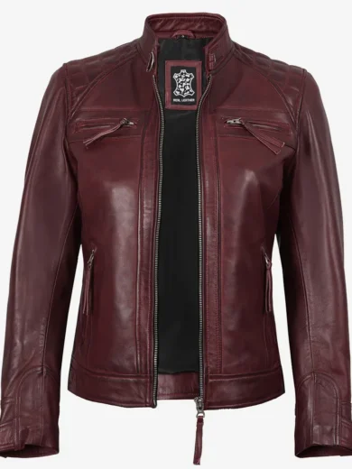 Johnson Women's Burgundy Quilted Cafe Racer Leather Jacket