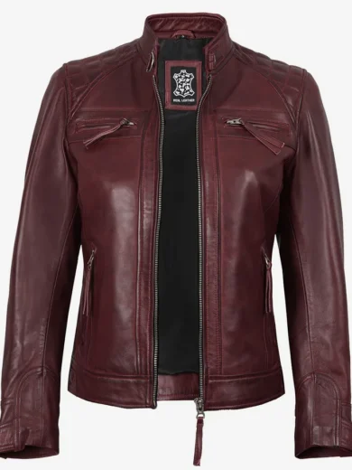 Johnson Women's Burgundy Quilted Cafe Racer Leather Jacket